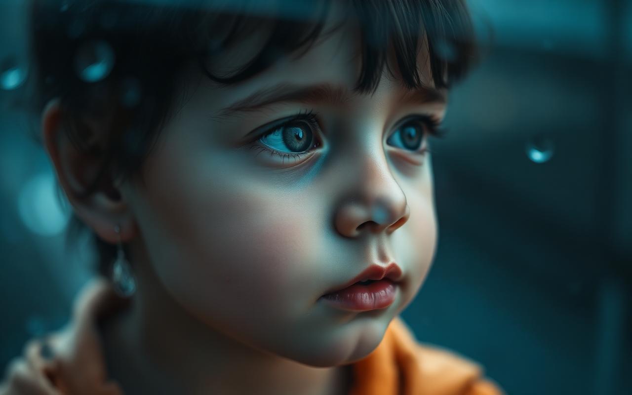 A close up portrait of a thoughtful child looking out a rainy window