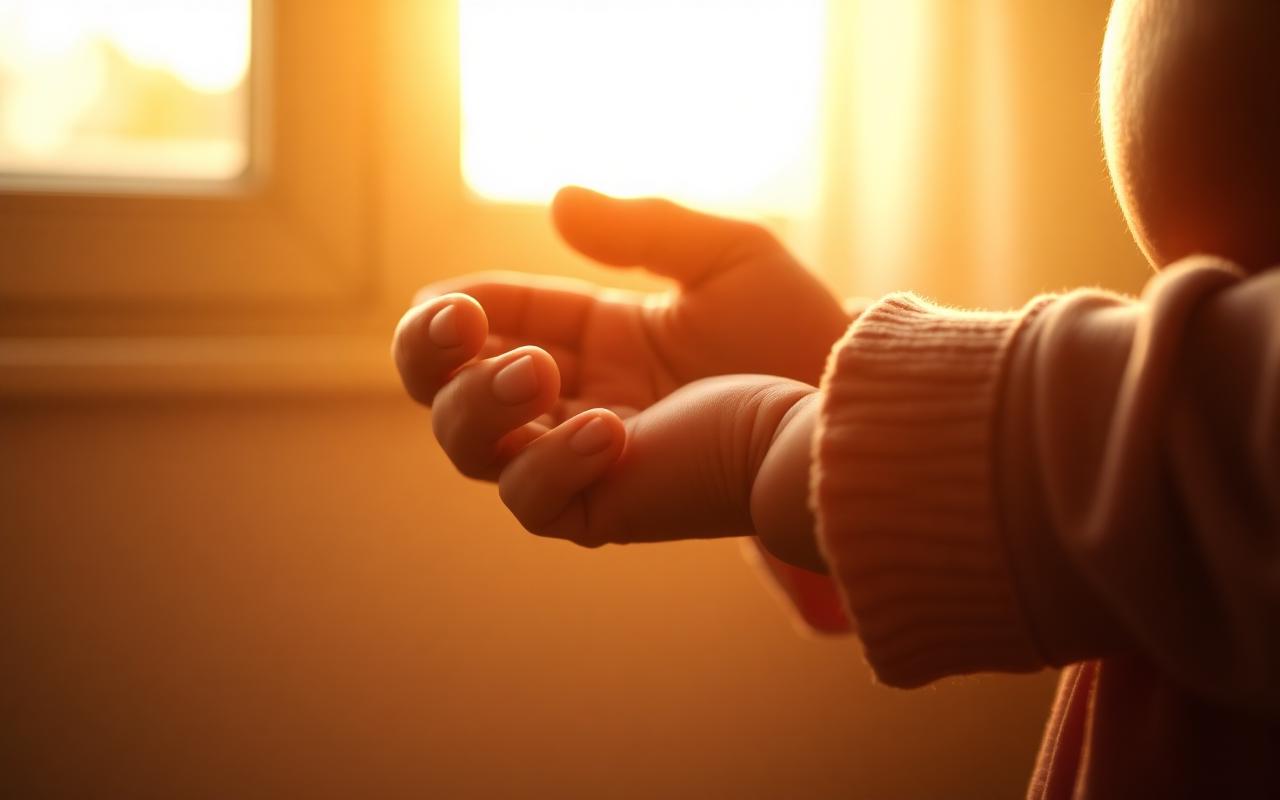 A small child's hand reaching toward a parent's hand in warm window light